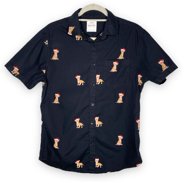Denim & Flower Other - Men’s Denim & Flower Black Christmas Santa Hat Chihuahua Dog Button Up Shirt